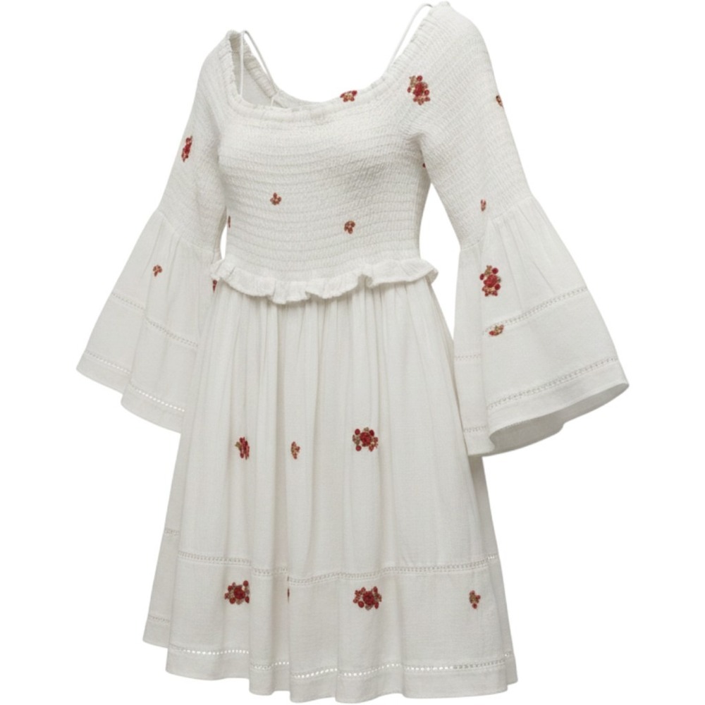 White Smocked Floral Embroidered Mini‎ Dress Bell Sleeve Boho Cottagecore Boho